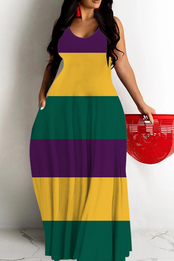 Purple Yellow Graphics Print Sleeveless Backless Spaghetti Strap Floor Length Vacation Baggy Sundress Maxi Slip Dress