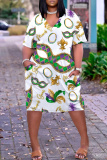 Leopard Graphics Print V Neck Long Sleeve Loose Pockets Casual Plus Size Straight Midi T-Shirt Dress