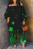 White Green Four Leaf Clover Shamrock Print Off Shoulder Long Sleeve Pockets Casual Harem Jumpsuits