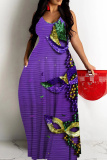 Purple Yellow Graphics Print Sleeveless Backless Spaghetti Strap Floor Length Vacation Baggy Sundress Maxi Slip Dress