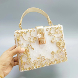 White Prom Flowers Crossbody Bags Hollow Metal Carved Diamond Handbag