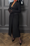 Black Turndown Collar Long Sleeve Buttons Formal Office Lady Blazer Maxi Dresses