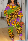 Yellow Purple Graphics Print Off Shoulder Long Sleeve Pockets Casual Vacation Plus Size Harem Jumpsuits