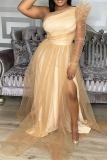 White Oblique Collar One Sheer Sleeve Floor Length High Slit Plus Size Evening Gown Mesh Maxi Dresses