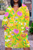 Brownish Red Floral Print V Neck Long Sleeve Pocket Casual Outing Plus Size Straight Loose Midi Dress