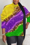 Leopard Print Turtleneck Long Sleeve Casual Fall Winter Knitted Sweater Tops