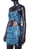 Sky Blue Sleeveless Hollow Out Backless Spaghetti Strap Chains Gem Crop Tops And Mini Skirt Club Two Piece Dress Set