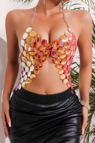 Coral Pink Beads Hollow Out Backless Night Club Chains Halter Crop Tops