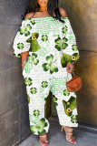 Fruit Green Four Leaf Clover Print Off Shoulder Long Sleeve Pockets Casual Harem Jumpsuits