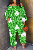 Fruit Green Four Leaf Clover Print Off Shoulder Long Sleeve Pockets Casual Harem Jumpsuits