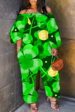 Fruit Green Four Leaf Clover Print Off Shoulder Long Sleeve Pockets Casual Harem Jumpsuits