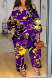 Yellow Purple Graphics Print Off Shoulder Long Sleeve Pockets Casual Vacation Plus Size Harem Jumpsuits
