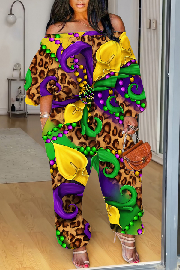 Yellow Purple Graphics Print Off Shoulder Long Sleeve Pockets Casual Vacation Plus Size Harem Jumpsuits
