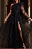 White Oblique Collar One Sheer Sleeve Floor Length High Slit Plus Size Evening Gown Mesh Maxi Dresses