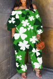 Fruit Green Four Leaf Clover Print Off Shoulder Long Sleeve Pockets Casual Harem Jumpsuits