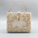 White Prom Flowers Crossbody Bags Hollow Metal Carved Diamond Handbag
