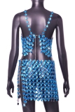 Sky Blue Sleeveless Hollow Out Backless Spaghetti Strap Chains Gem Crop Tops And Mini Skirt Club Two Piece Dress Set