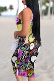 Red Casual Cartoon Graffiti Print U Neck Sleeveless Vacation Bodycon Midi Tank Dress