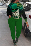 Green Graphics Print O Neck Long Sleeve Sweatshirt and Skinny Pants Sportwear Casual Plus Size Two Pieces Sweatpant Sets