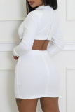White Rhinestone Decor O Neck Long Sleeve Zipper Hollow Out Formal Evening Party Prom Bodycon Mini Dresses