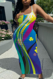 Dark Green Floral Print Sleeveless Backless Summer Outings Vacation Bodycon Maxi Slip Dress