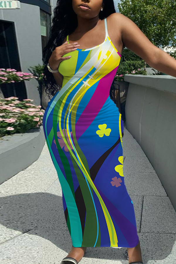 Dark Green Floral Print Sleeveless Backless Summer Outings Vacation Bodycon Maxi Slip Dress