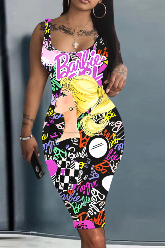 Red Casual Cartoon Graffiti Print U Neck Sleeveless Vacation Bodycon Midi Tank Dress