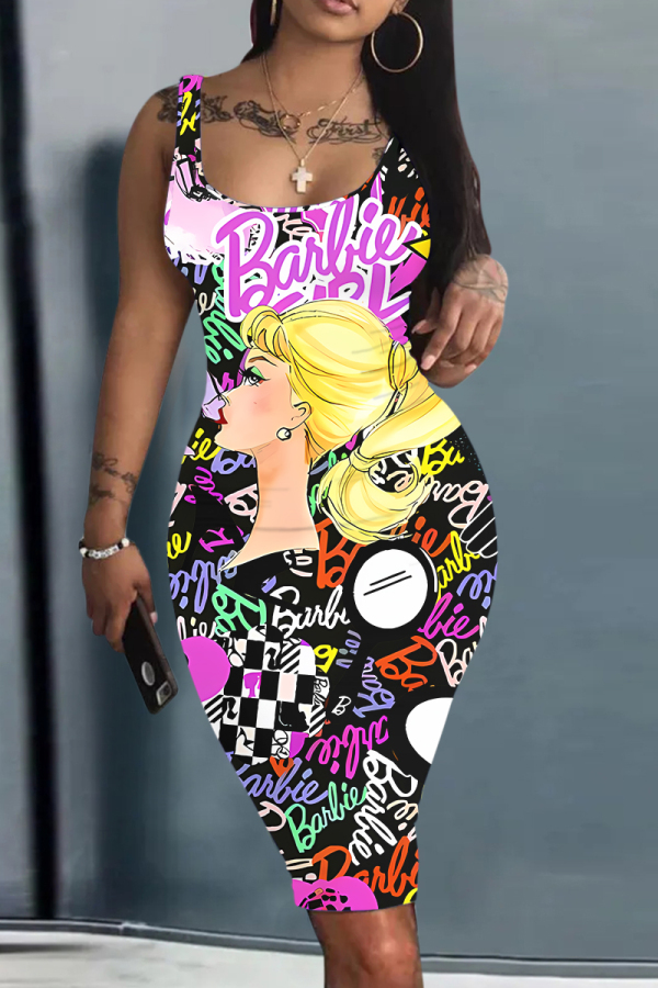 Red Casual Cartoon Graffiti Print U Neck Sleeveless Vacation Bodycon Midi Tank Dress