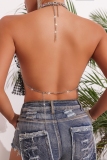 Black Rhinestone Bow Decor Backless Spaghetti Strap Night Club Crop Tops