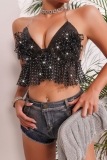 Black Rhinestone Bow Decor Backless Spaghetti Strap Night Club Crop Tops