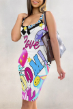 Red Casual Cartoon Graffiti Print U Neck Sleeveless Vacation Bodycon Midi Tank Dress