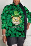 Green Four Leaf Clover Print Turtleneck Long Sleeve Casual Fall Winter Knitted Sweater Tops
