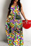Purple Yellow Graphics Print Sleeveless Backless Spaghetti Strap Floor Length Vacation Baggy Sundress Maxi Slip Dress