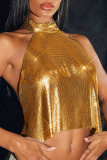 Glod Backless Sleeveless Halter Chains Crop Tops