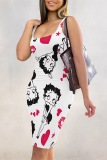 Red Casual Cartoon Graffiti Print U Neck Sleeveless Vacation Bodycon Midi Tank Dress