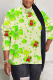 Green Four Leaf Clover Print Turtleneck Long Sleeve Casual Fall Winter Knitted Sweater Tops
