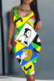Red Casual Cartoon Graffiti Print U Neck Sleeveless Vacation Bodycon Midi Tank Dress