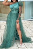 White Oblique Collar One Sheer Sleeve Floor Length High Slit Plus Size Evening Gown Mesh Maxi Dresses