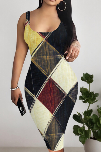 Grayish Yellow Graphics Print Square Neck Sleeveless Vacation Casual Bodycon Midi Tank Dress