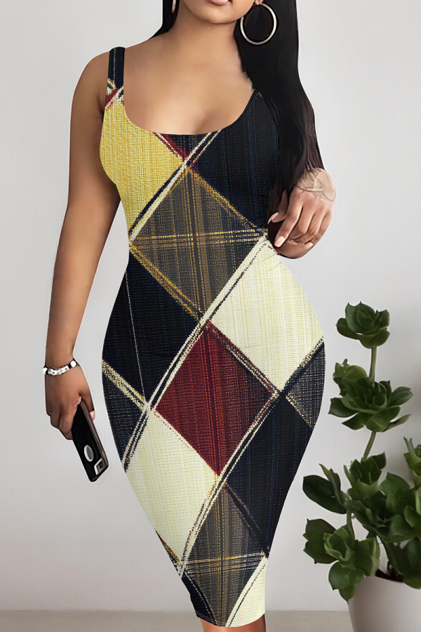 Grayish Yellow Graphics Print Square Neck Sleeveless Vacation Casual Bodycon Midi Tank Dress