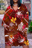 Brownish Red Floral Print V Neck Long Sleeve Pocket Casual Outing Plus Size Straight Loose Midi Dress