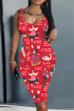 Red Casual Cartoon Graffiti Print U Neck Sleeveless Vacation Bodycon Midi Tank Dress