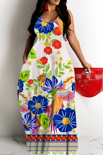 Blue Floral Print Sleeveless Backless Spaghetti Strap Floor Length Vacation Baggy Sundress Maxi Slip Dress