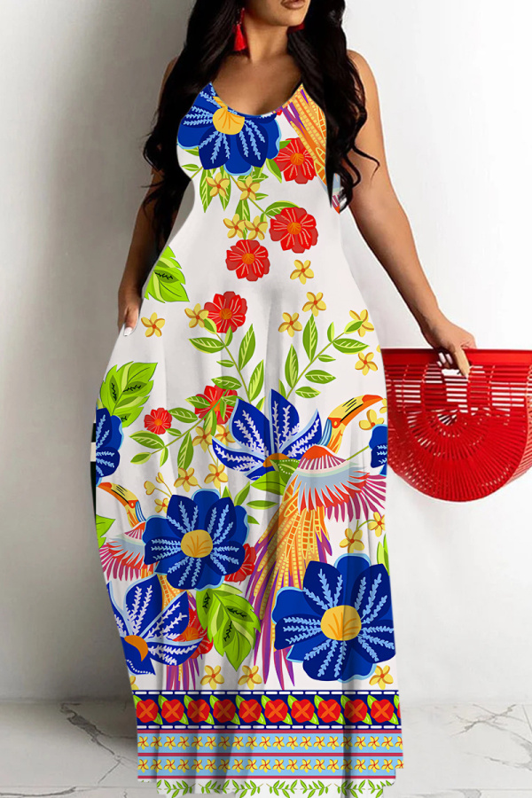 Blue Floral Print Sleeveless Backless Spaghetti Strap Floor Length Vacation Baggy Sundress Maxi Slip Dress