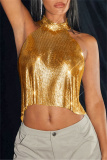 Glod Backless Sleeveless Halter Chains Crop Tops