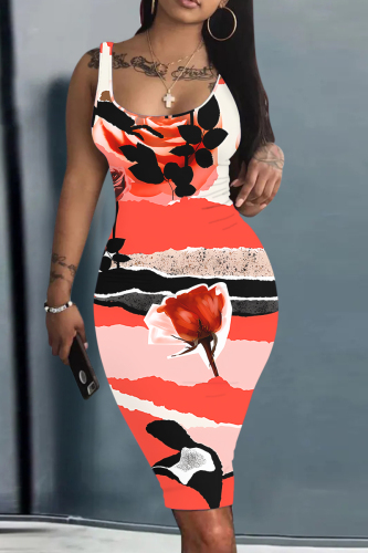 Red Leaves Leopard Flowers Leopard Print U Neck Sleeveless Vacation Bodycon Midi Tank Dress
