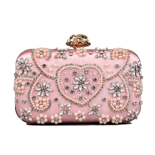 Pink Prom Rhinestone Floral Pattern Clutch Purse Handbags