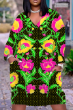 Brownish Red Floral Print V Neck Long Sleeve Pocket Casual Outing Plus Size Straight Loose Midi Dress