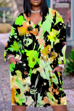 Brownish Red Floral Print V Neck Long Sleeve Pocket Casual Outing Plus Size Straight Loose Midi Dress