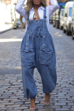 Blue Pocket Loose Casual Cargo Harem Denim Jumpsuits